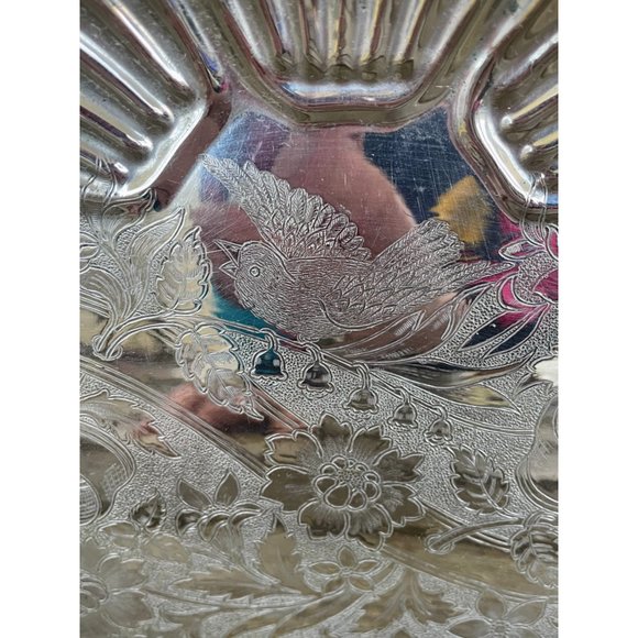 Antique Crumb Pan Tray Clam Shells Etched Bluebird flowers - Picture 4 of 16